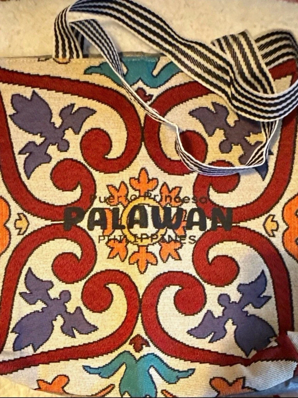 Embroidered Multicolor Canvas Tote Bag - Natural